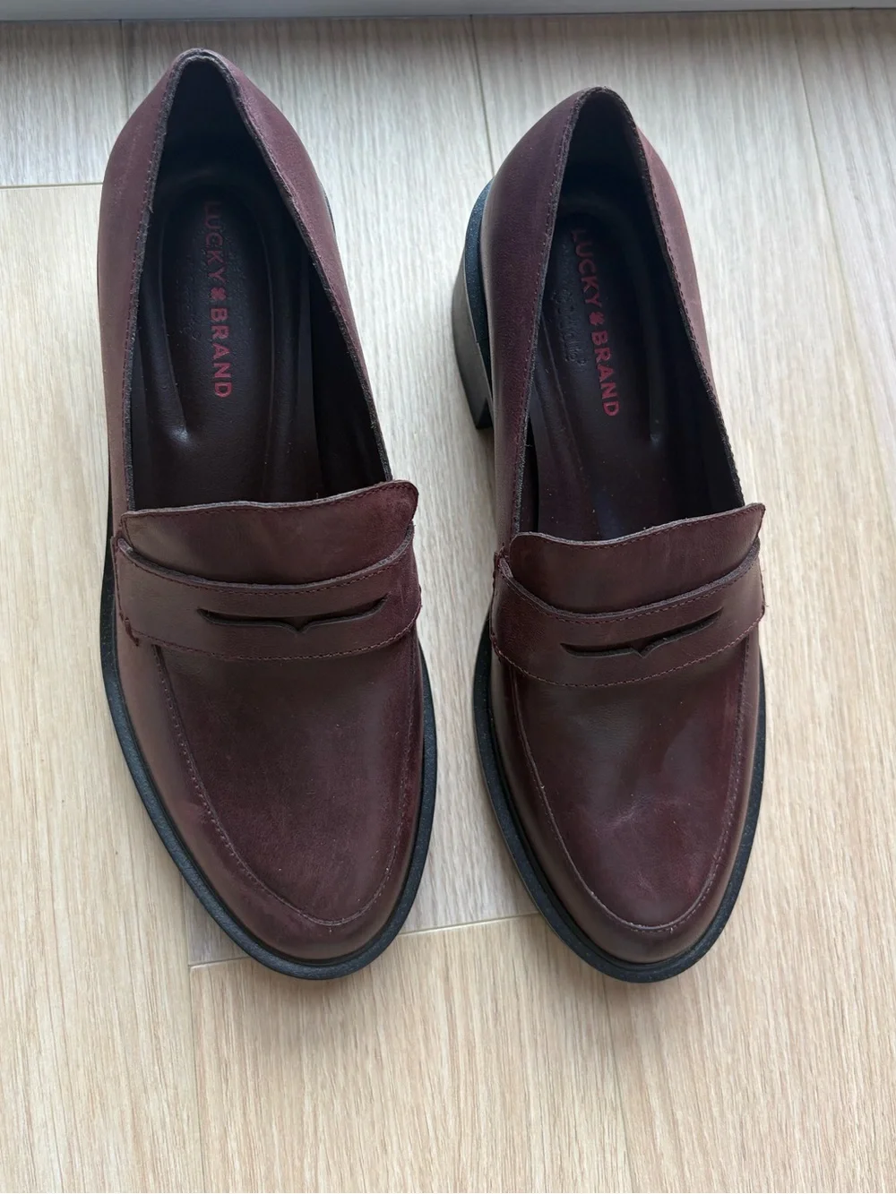 Wine Leather Penny Loafers with Block Heel - Picture 2 of 4